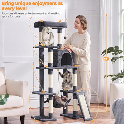 Large Multi-Level Cat Tree, 63 Inches Tall with Sisal-Covered Scratching Posts, Condo, Hammock, Dangling Ball, and Extended Platform for Cats to Play and Sleep